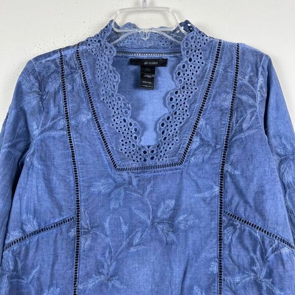 Ali Miles Embroidered Eyelet Tunic Small Cotton Floral Blouse Tie Dye Blue Top - Picture 2 of 9